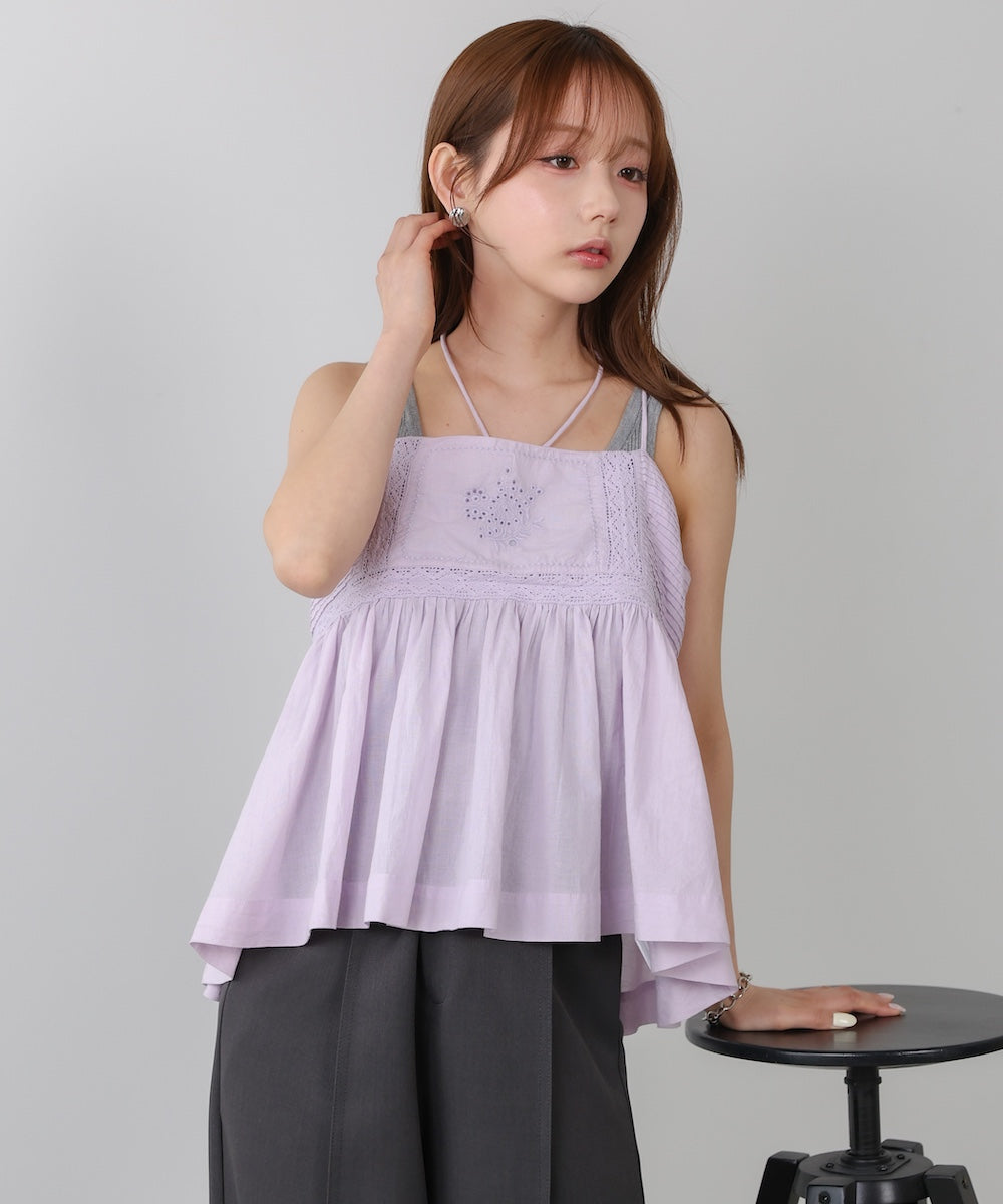 <JP> 細肩刺繡蕾絲傘擺Top* 3色入 <預購>