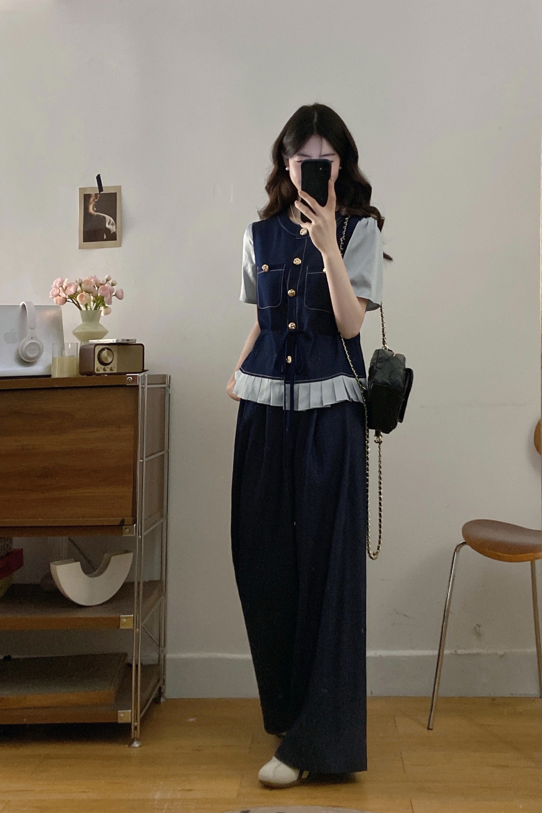 B31(3089) 韩版时尚天丝JEANS撞色袖与百褶下摆上衣与长裤蓝套装