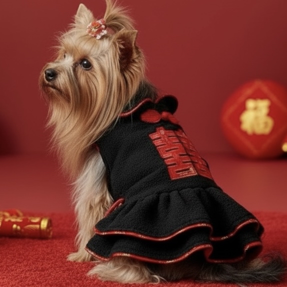 Double Happiness Fleece Dog Dress 囍字繡花裙 (可配情侶裝)  S364BK