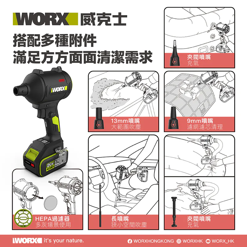 WORX WU093 20V 無刷手提吹風槍 (2.0Ah電x2+2A充電器)