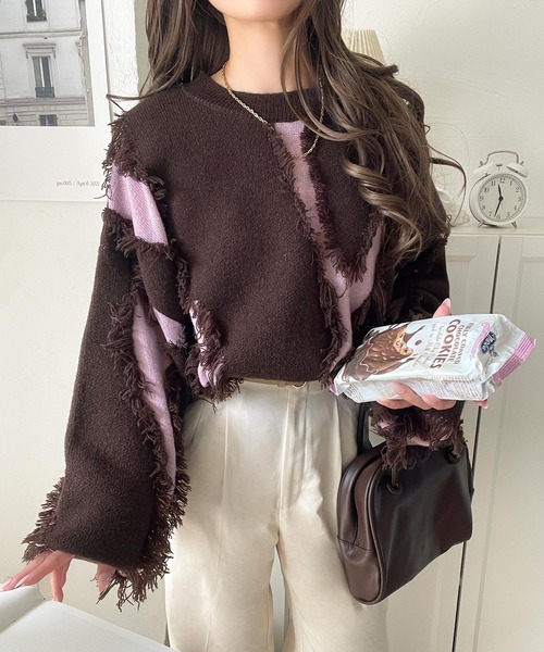 不規則流蘇拼色針織上衣【JT019】