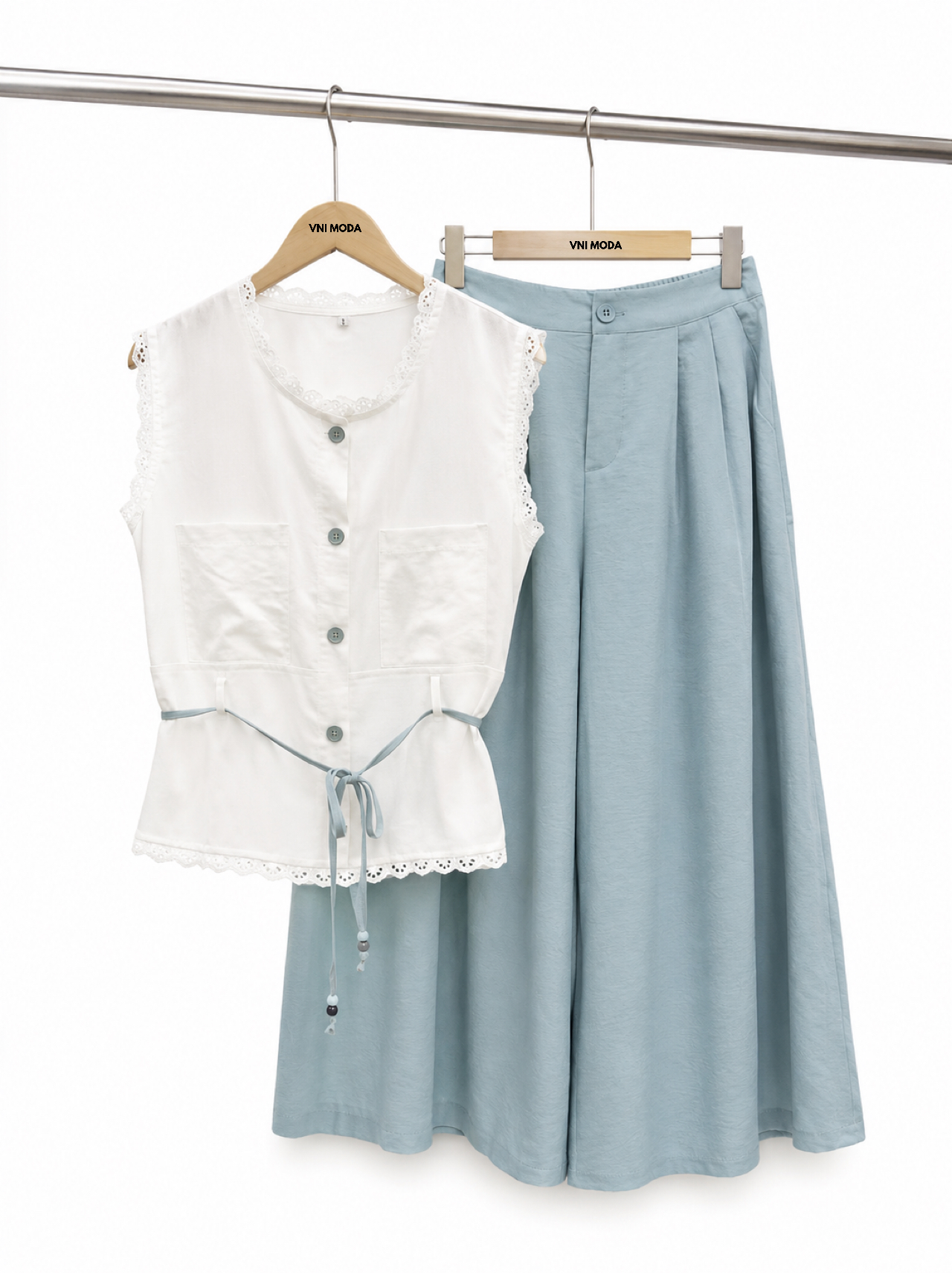 A150772 Lace Sleeveless Top & Wide Leg Pants Set