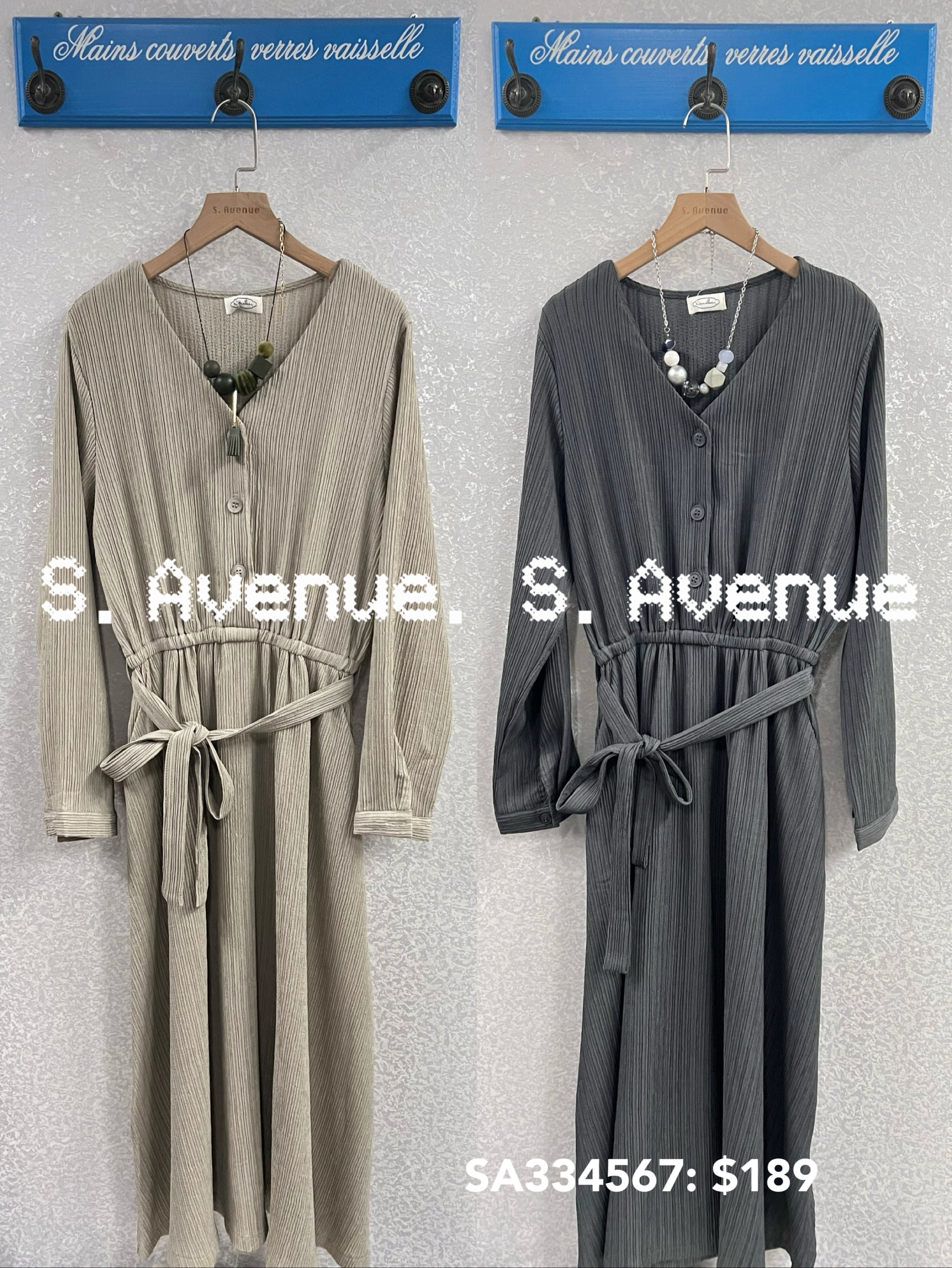 SA334567: 長袖V領暗直紋綁帶op