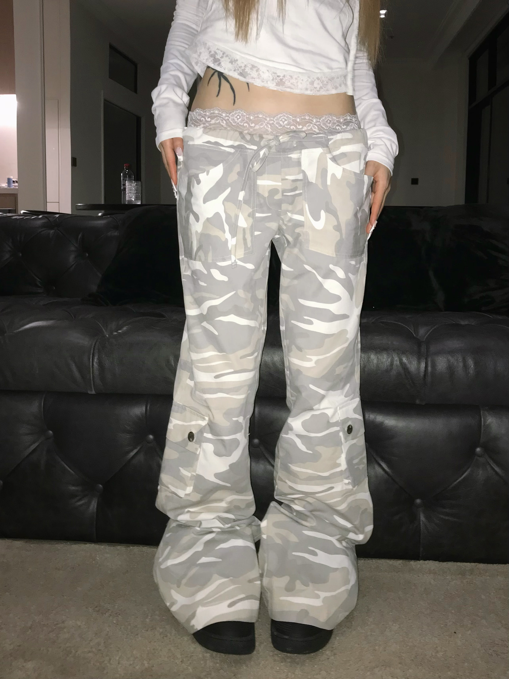 Camo Low-Rise Flare Cargo Pants