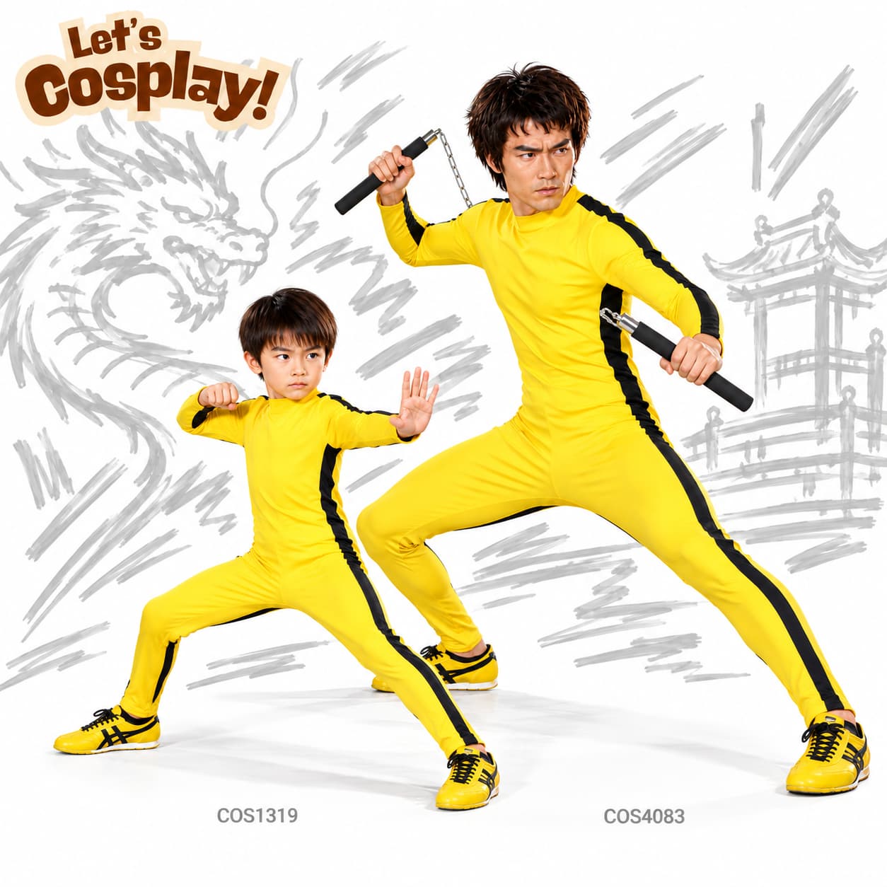 李小龍死亡遊戲黃色連身衣成人父子裝Cosplay服裝可加購雙截棍,香港現貨Lets Cosplay Cos4083