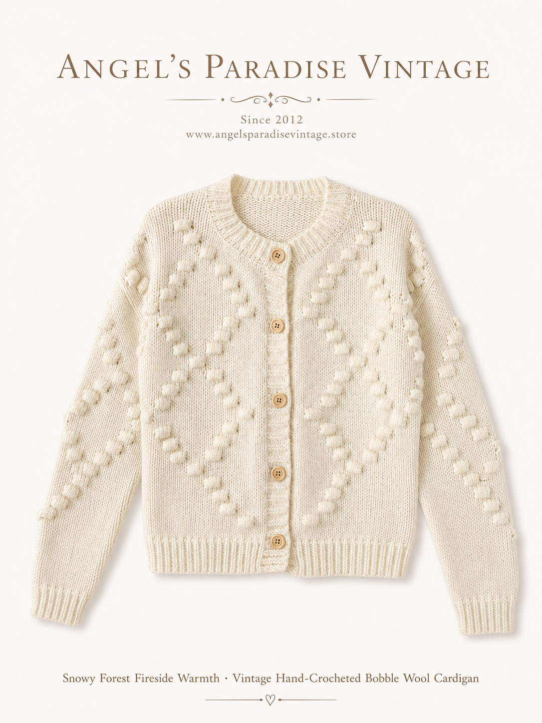 雪國森林的壁爐暖意 ∙ 鉤織立體波紋古董羊毛冷外套 Snowy Forest Fireside Warmth ∙ Vintage Hand-Crocheted Bobble Wool Cardigan