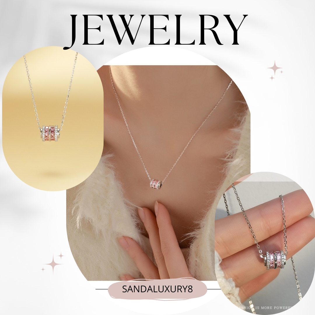 Elegant Silver Chain with Pink CZ Rotating Circle Pendant Necklace  - SANDALUXURY8
