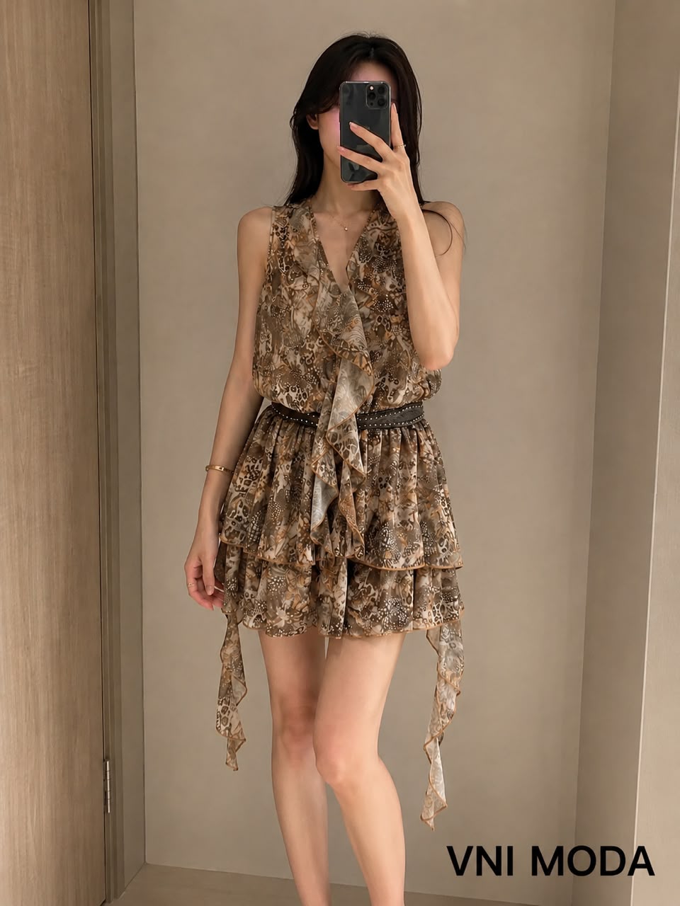 A031143 Vintage Leopard V-Neck Sleeveless Chiffon Mini Dress