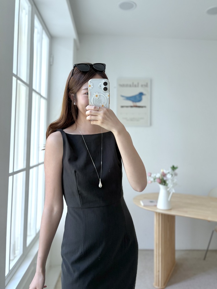Linen Blend Twisted Strap Dress (Black)