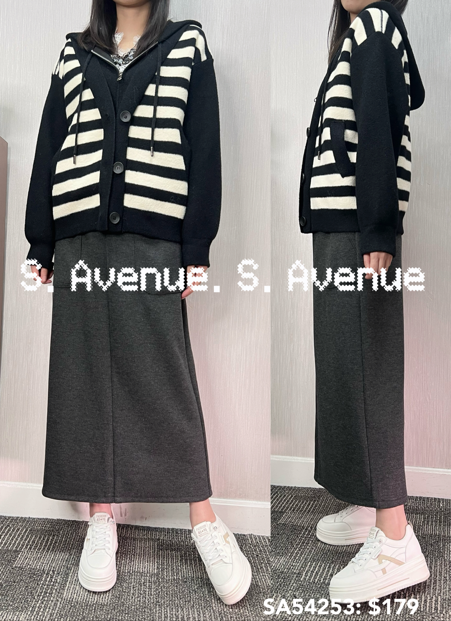 SA54253: 有帽間條有拉鍊和鈕假兩件褸