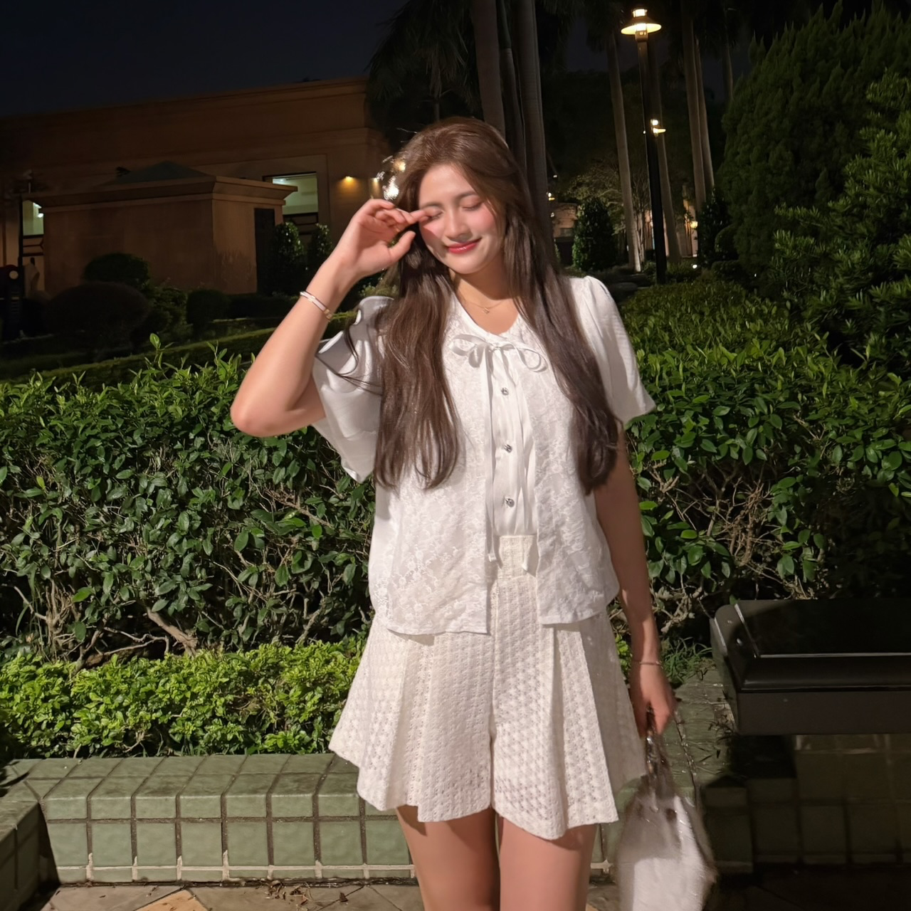#HANNA-made# Sparkle Overlay Ribbon Blouse Set