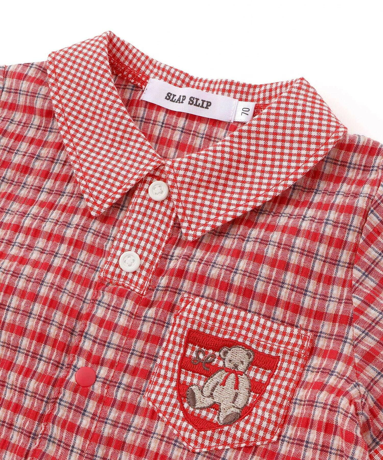 🇯🇵預訂 日本直送🇯🇵Slap Slip Baby兩色小熊刺繡口袋格紋翻領短袖連身服