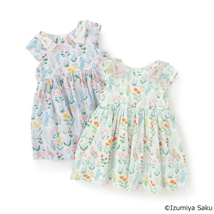 🇯🇵預訂 日本直送🇯🇵Petit Main x Izumiya Saku兩色花卉小貓滿印蝴蝶結短袖連身裙