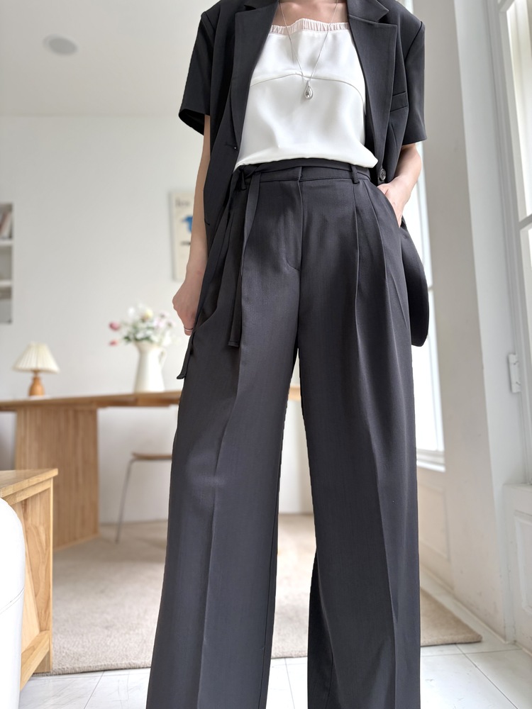 Aveline Belted Straight Slacks (Charcoal)