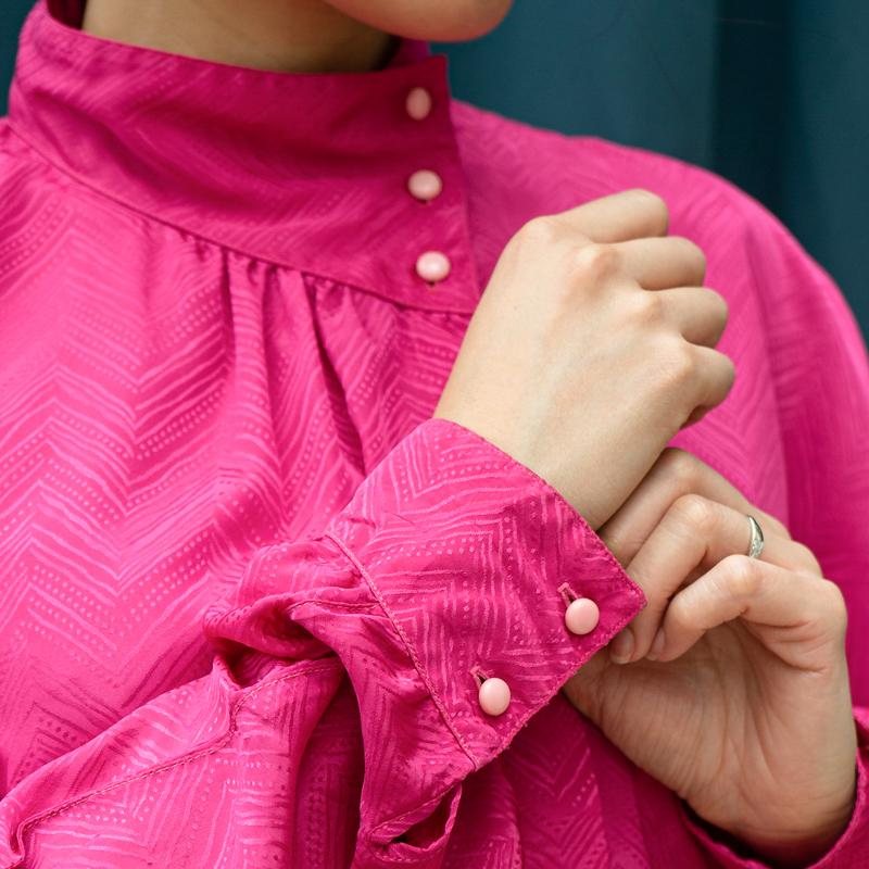 Vintage 1980s French Fuchsia Pink Asymmetric Collar Long Sleeve Blouse (MT1604-3)