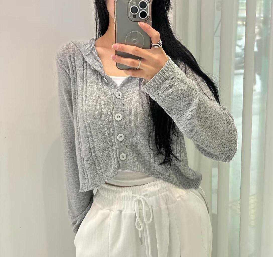 直紋有帽針織Cardigan 
