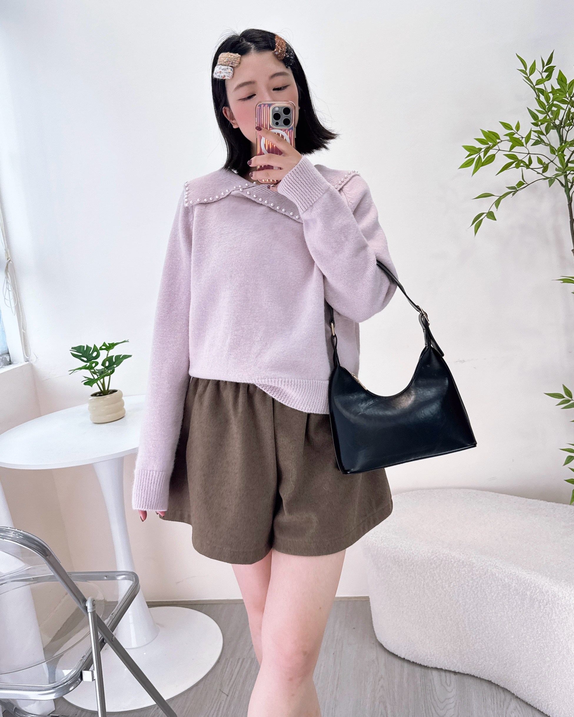 超美珍珠反領針織上衣 3色