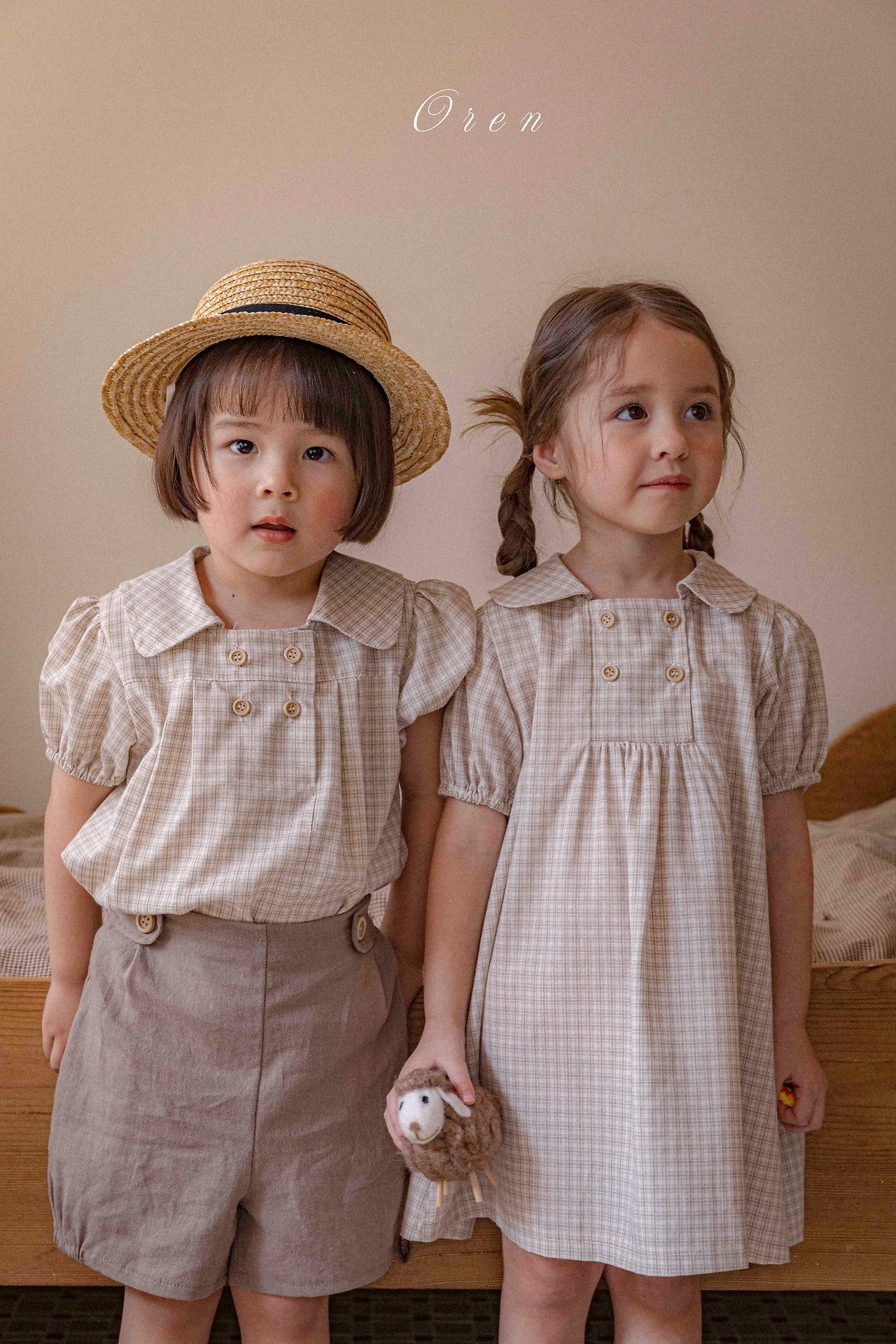 ☀️預訂 韓國直送☀️🇰🇷Oren 雙排鈕扣格紋翻領短袖包屁衣/連身裙/上下套裝