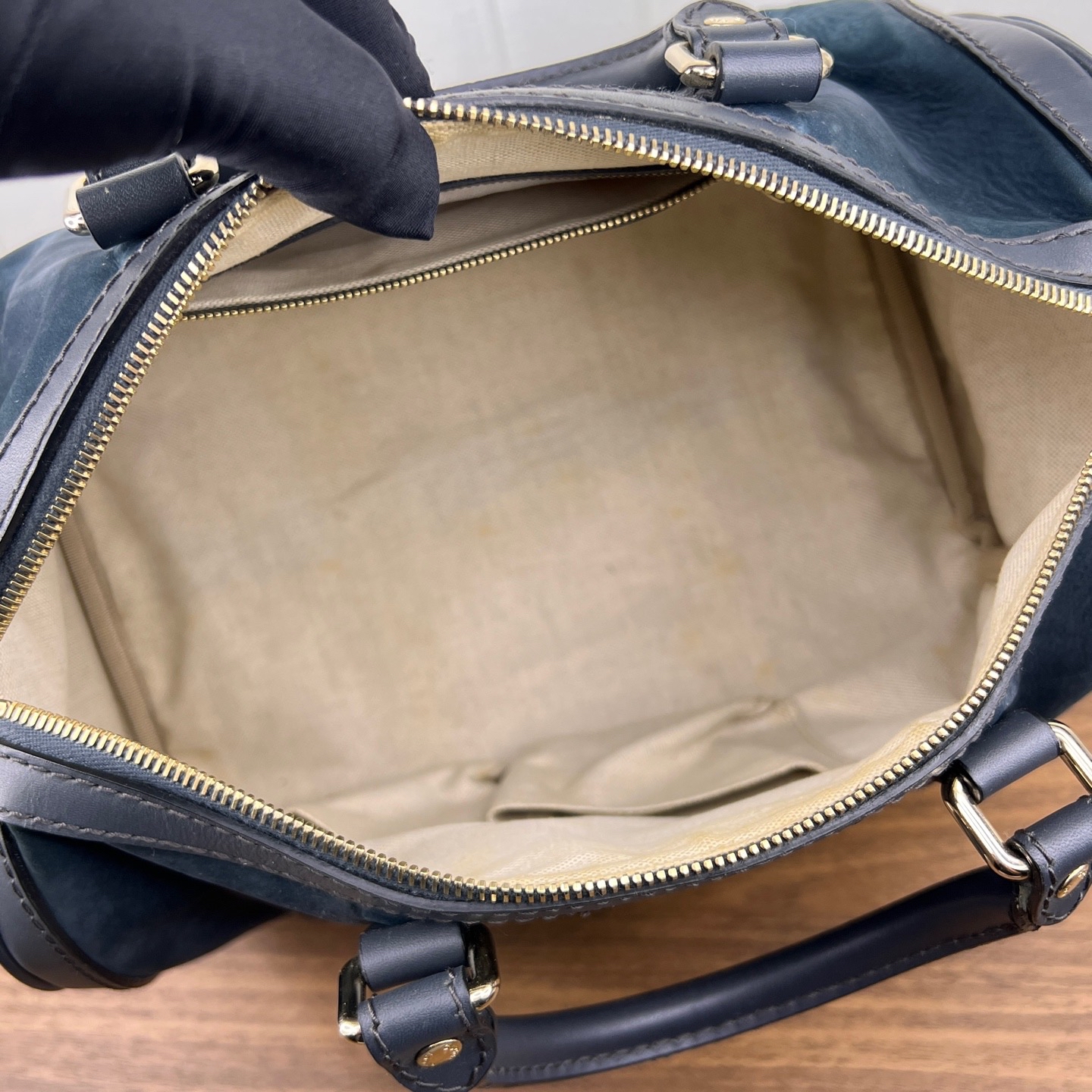 【預訂貨品】Gucci 霧霾藍色荔枝紋牛麂皮波士頓