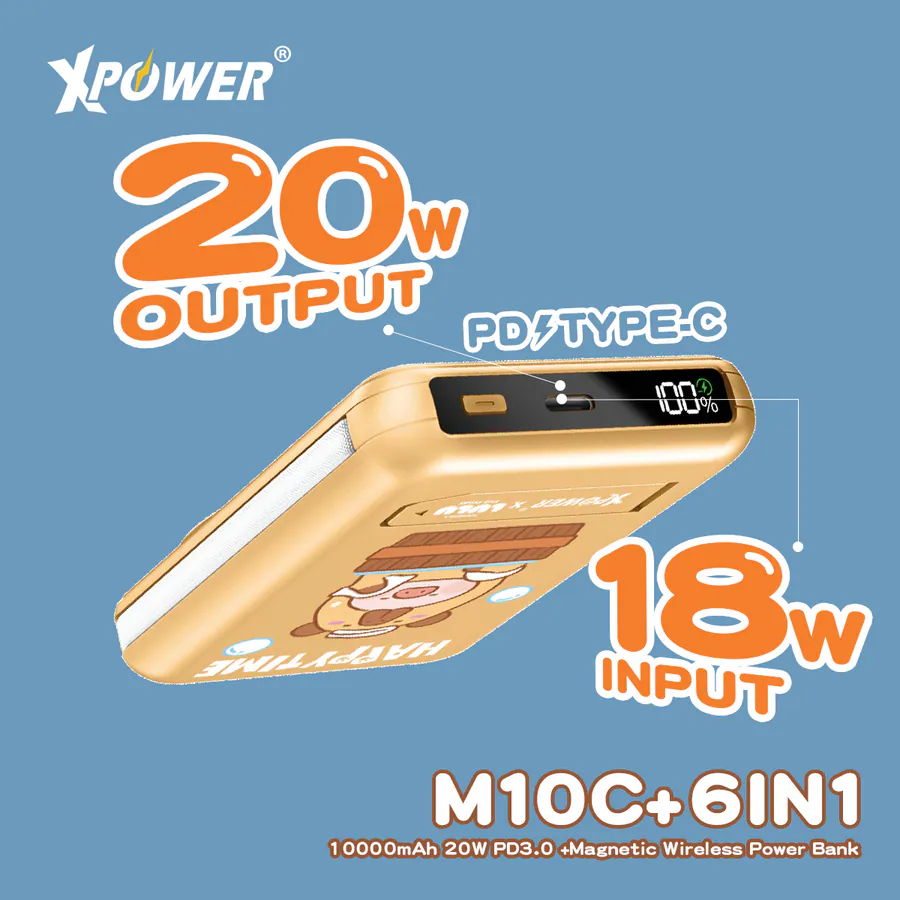 CCC | 3C認證 XPower x 罐頭豬LuLu🐷M10C+ 6合1 10000mAh多功能迷你20W PD3.0+ 磁吸無線快充移動電源