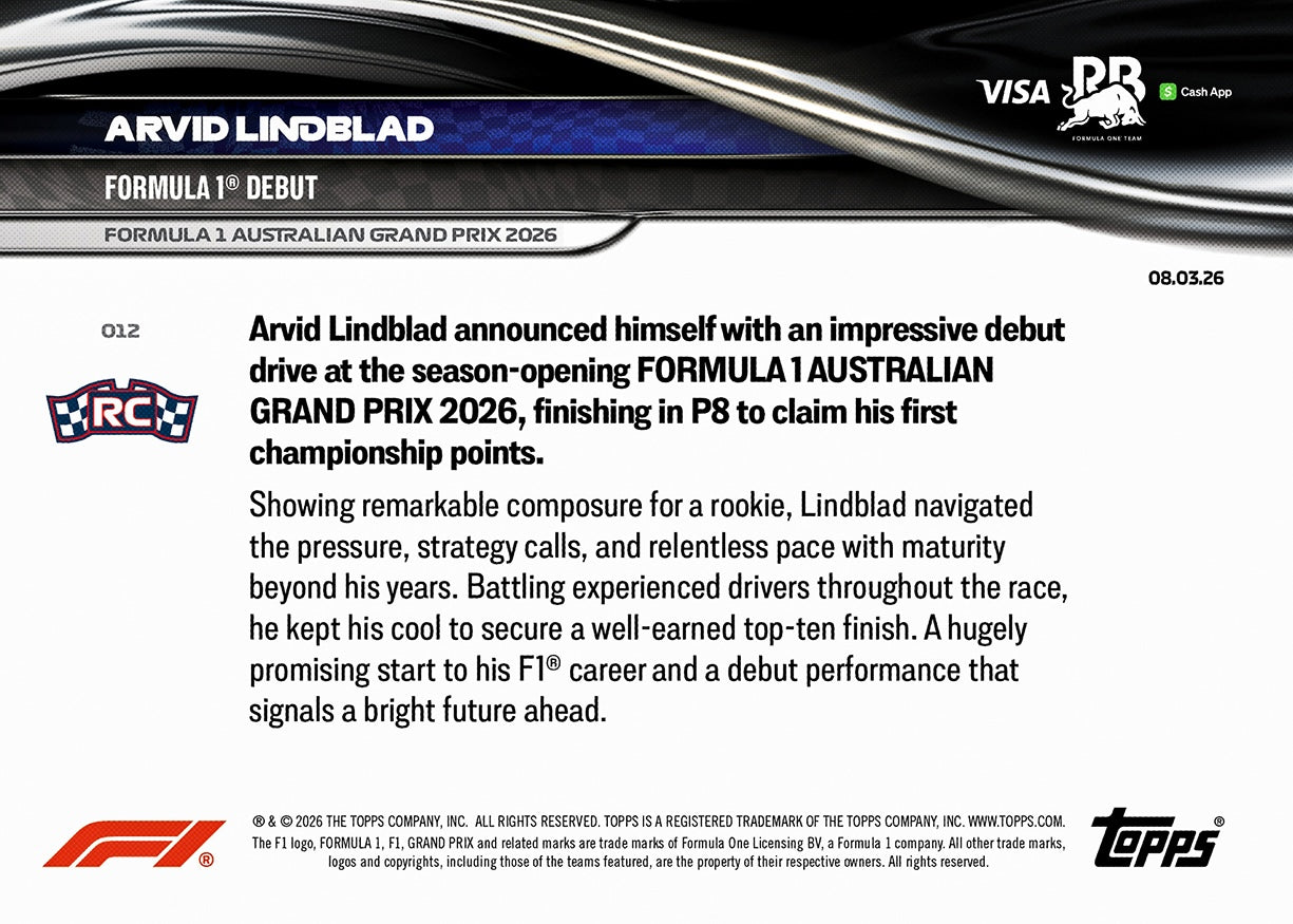 Arvid Lindblad RC - 2026 F1 Topps NOW® #12 Australian GP F1初戰RC卡｜PR 6,075