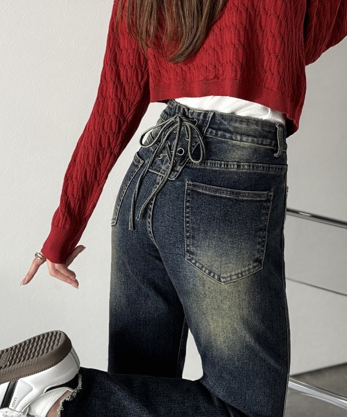 綁帶喇叭高腰牛仔褲【JP010】