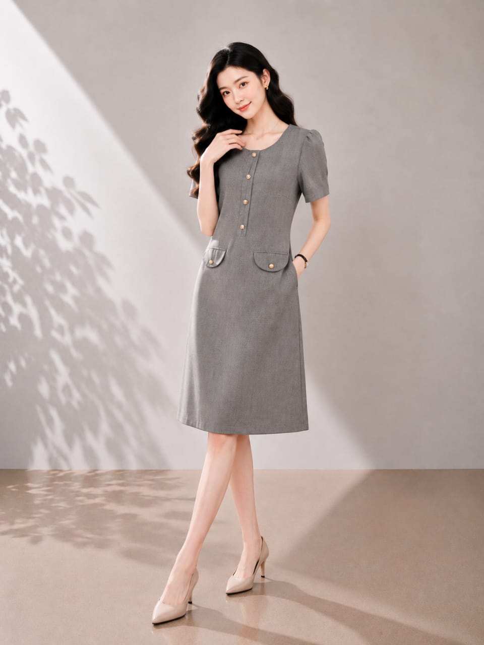 25973 Audrey Button Detail Midi Dress
