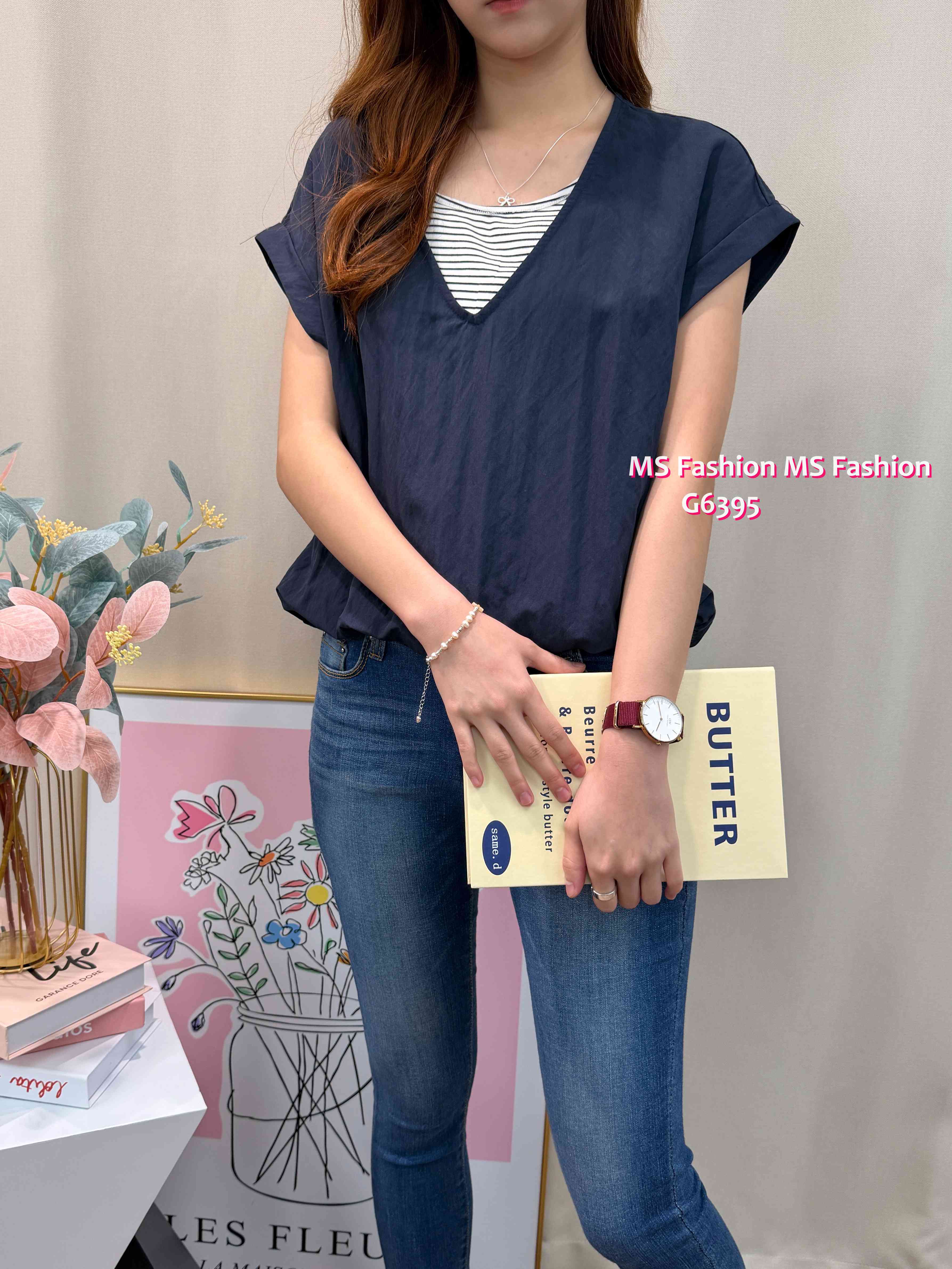 G6395 假兩件拼條子top