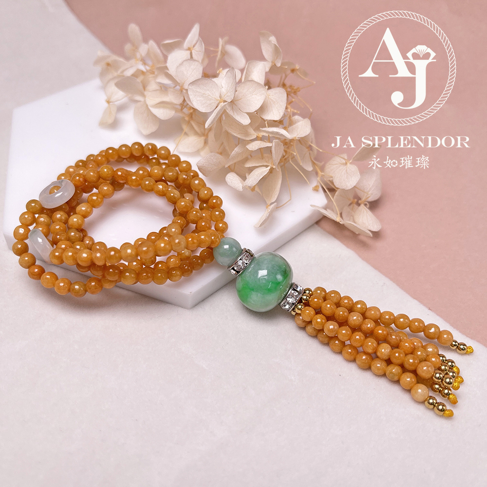 JN-H40-261 天然翡翠A玉 華麗黃翡配綠珠串串金項鏈