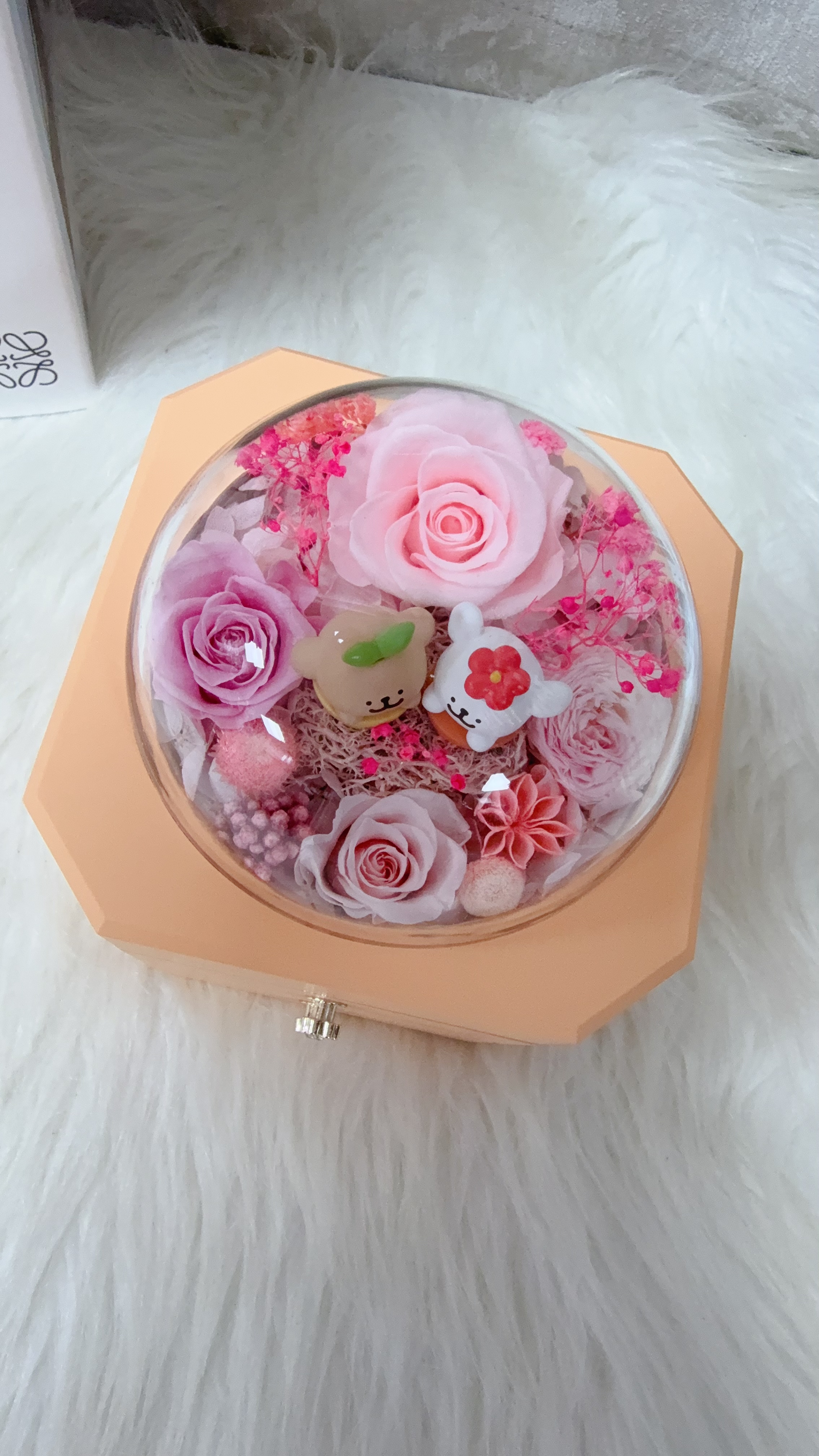 線條小狗粉紅玫瑰永生花飾物盒