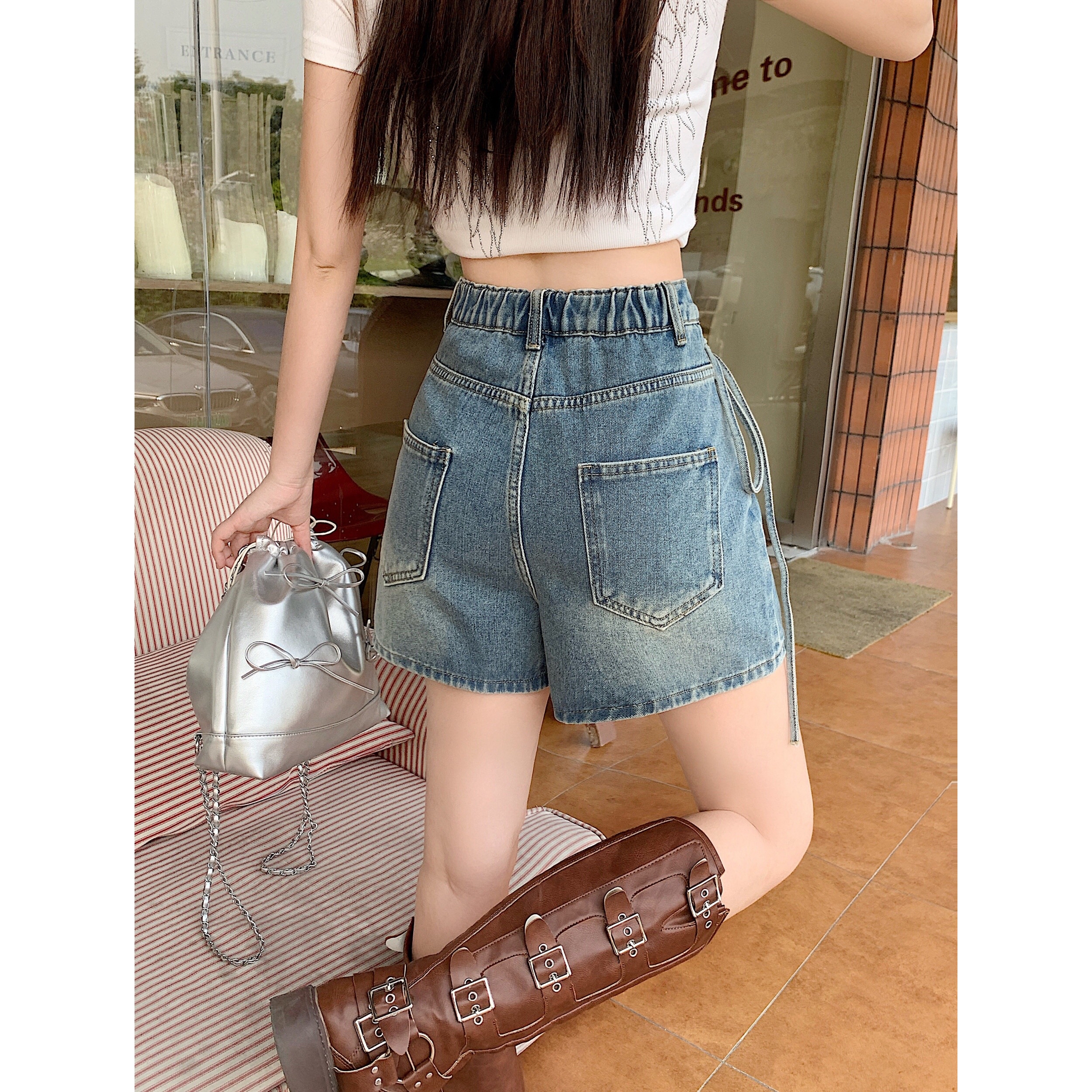 B293(65527) 韩版JEANS单银钮前片遮肚边系带蓝前裙后裤