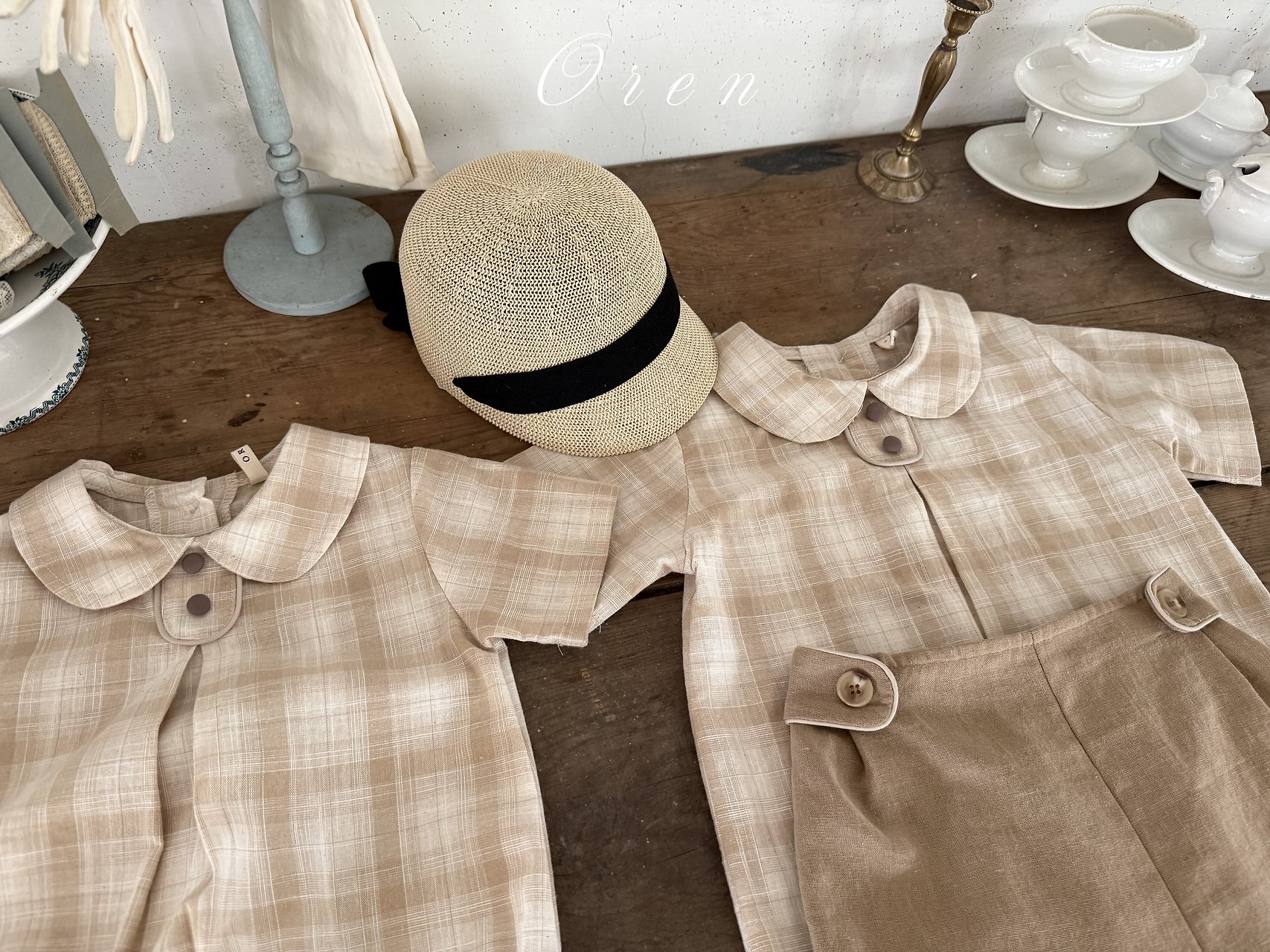 ☀️預訂 韓國直送☀️🇰🇷Oren Oliver兩色格紋純棉圓領短袖包屁衣/上下套裝