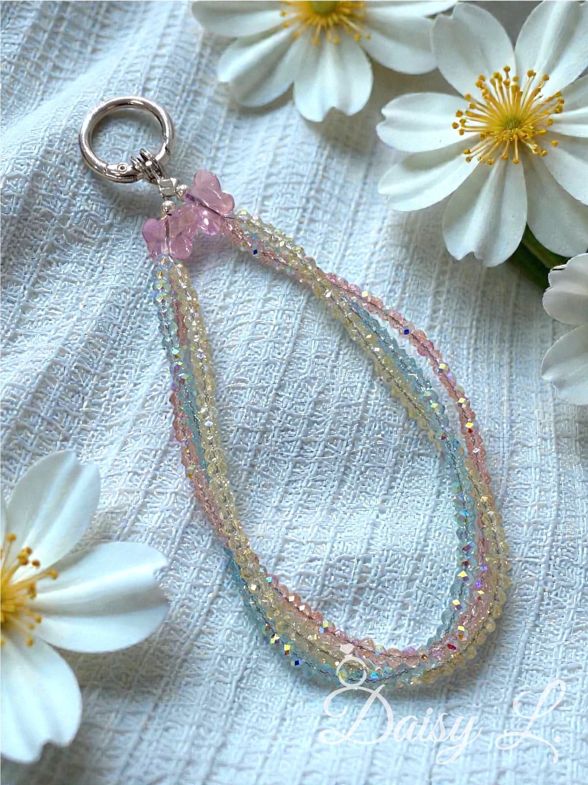 夢幻蝴蝶彩色水晶手機掛繩