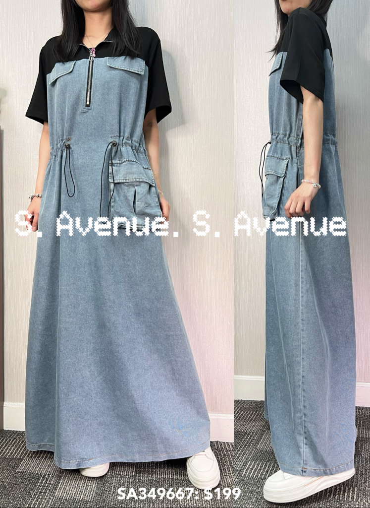 SA349667: 短袖上拉錬下牛仔長裙
