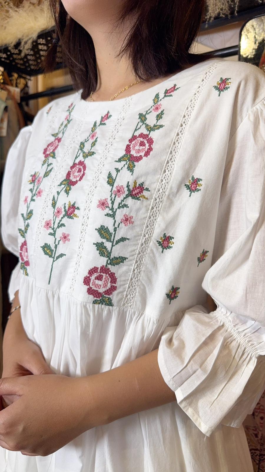 White Cotton Simple Floral Emb Short OP #1400