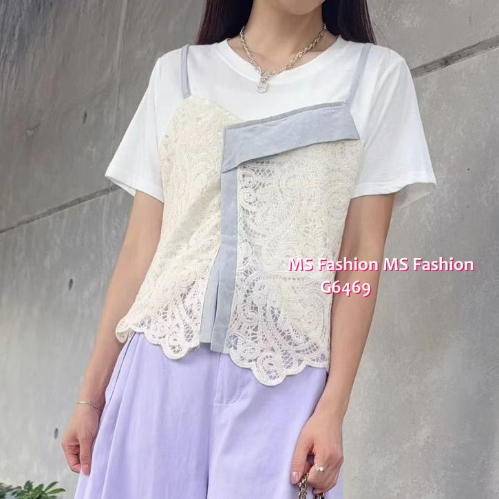 G6469 假兩件拼lace top