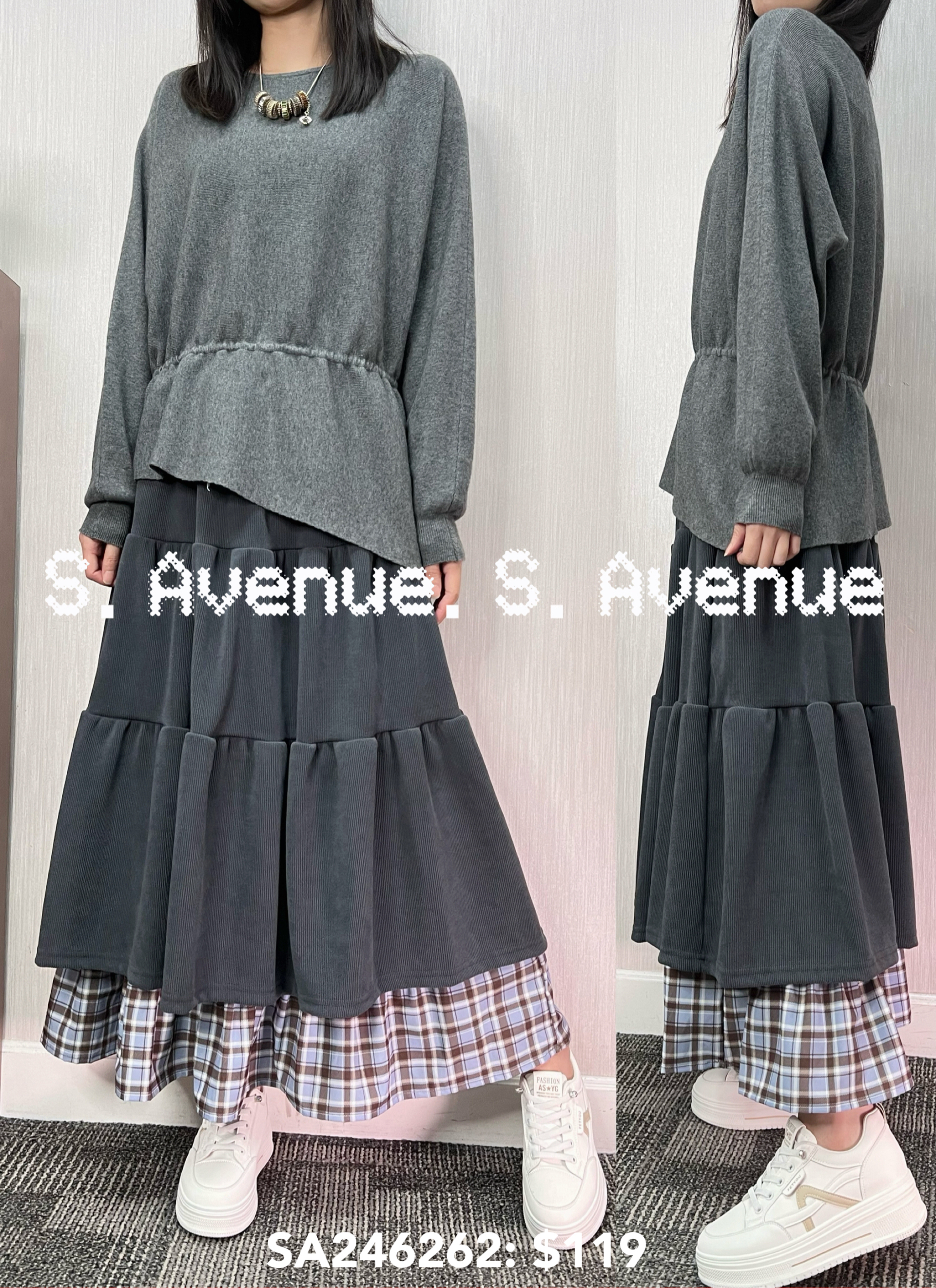 SA246262: 長袖小蝙蝠鈄腳束腰線冷top