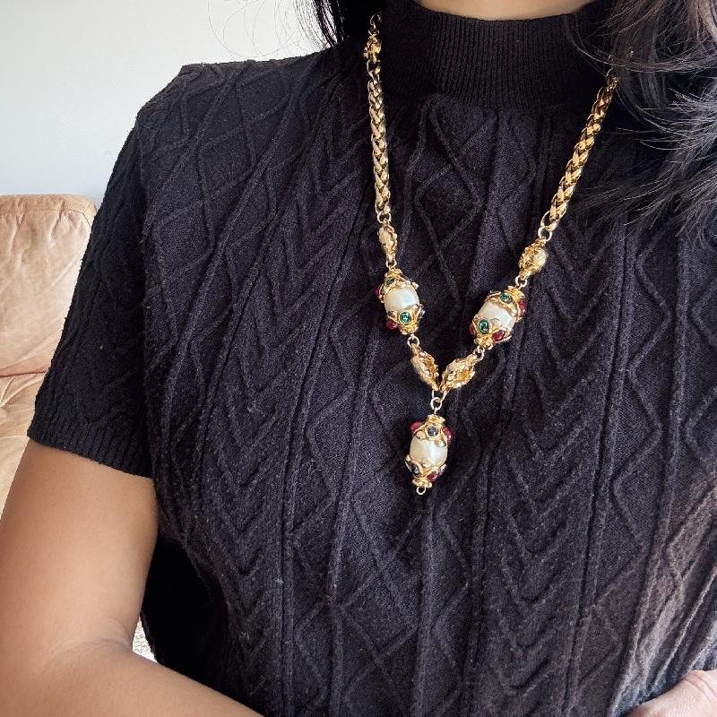 Vintage Re-designed 1980s Designer Quality Multi-colour Faux Pearl Dangle Piece Necklace(MT2386)