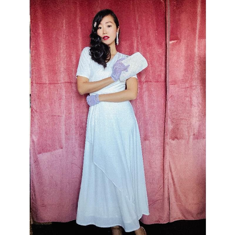 (Last M)1930s Style Floor-Length Grecian Goddess Dress with Silver Belt (FM212)