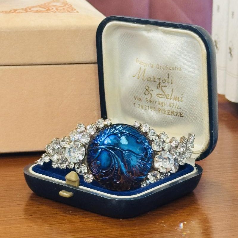 Vintage Recomposed Curvy Sparkling Brooch with Antique Czechoslovakian Button(B054)