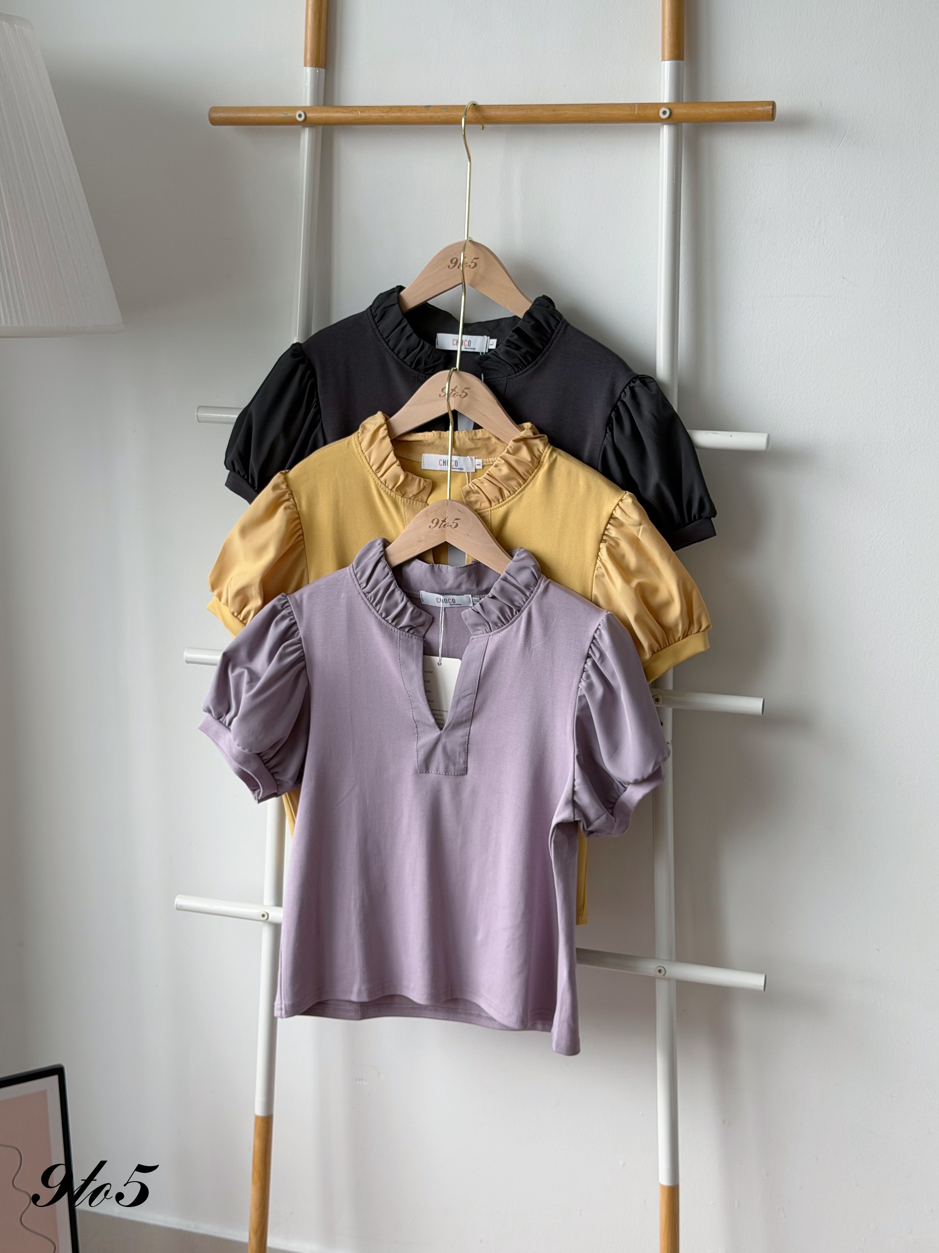 T4534 Puff Sleeve Ruffle Collar Blouse - 3 Colors 