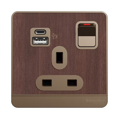 施耐德 AvatarOn 胡桃木 13A單蘇有掣連Type A+C USB 插座