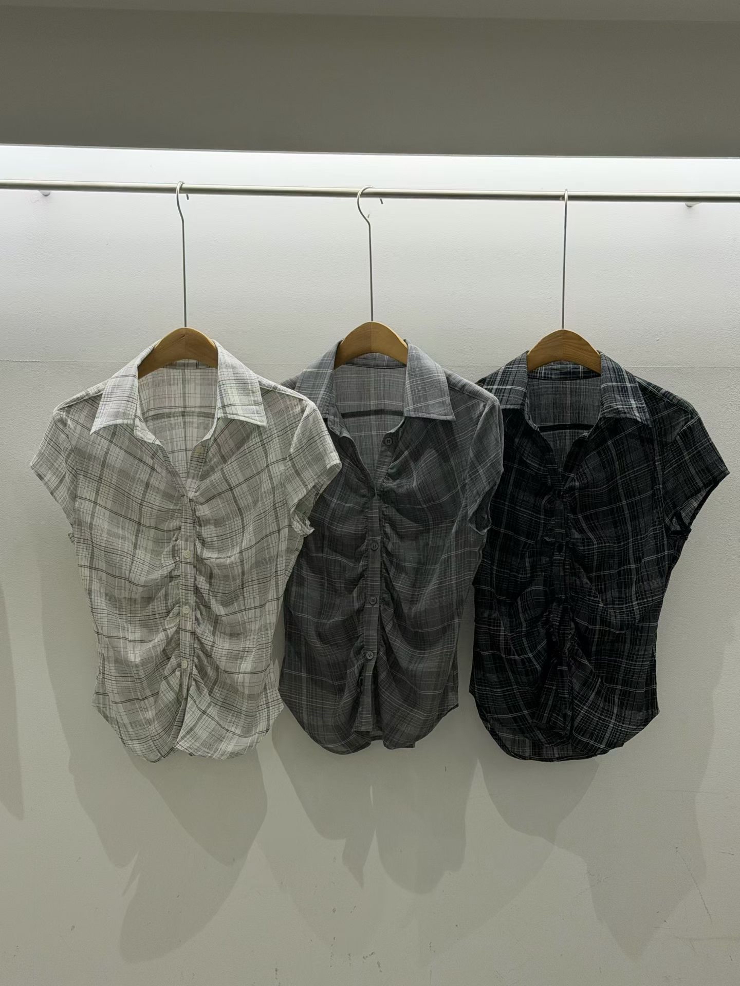 Plaid Shirred Button-Up Blouse