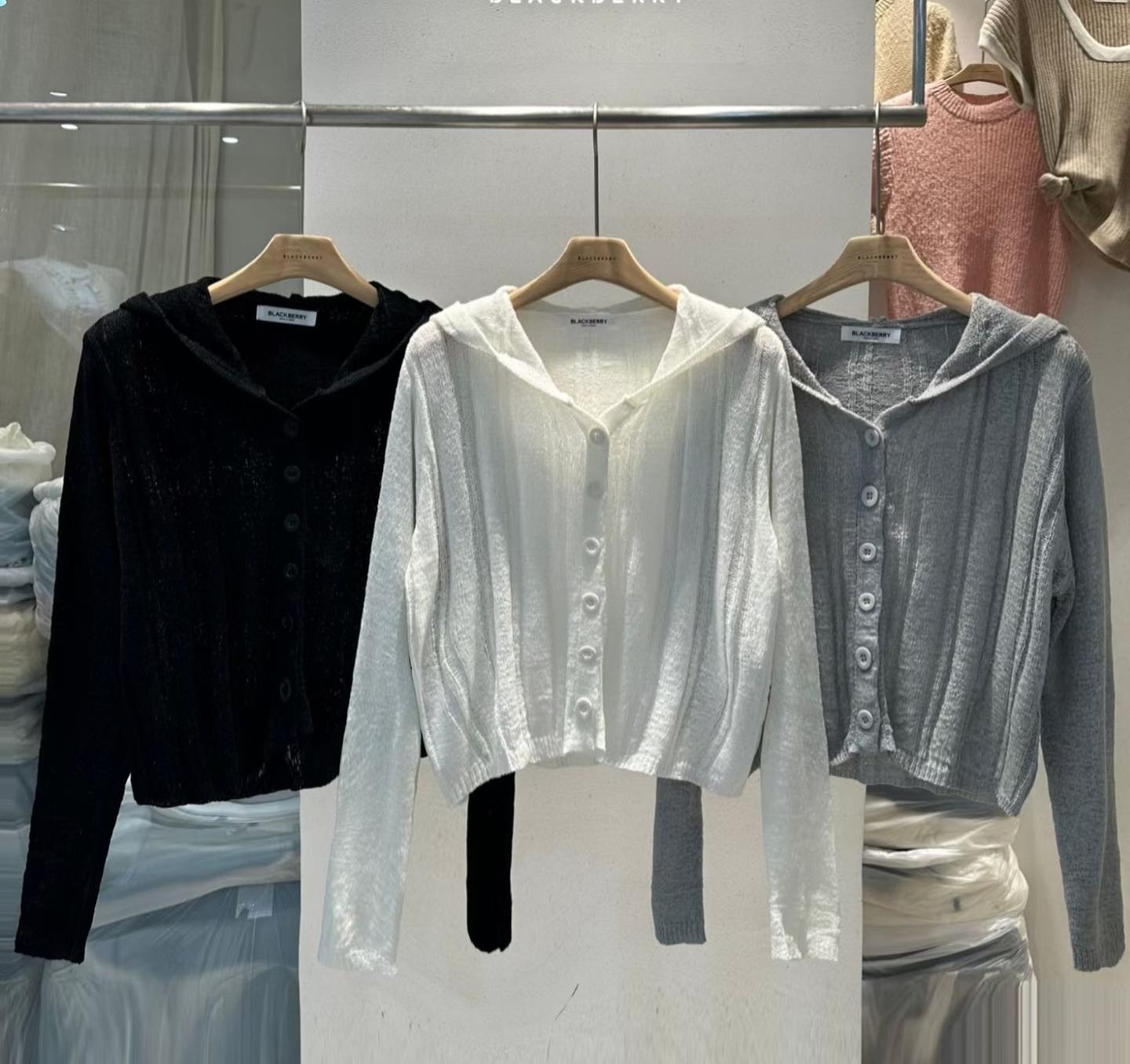 直紋有帽針織Cardigan 