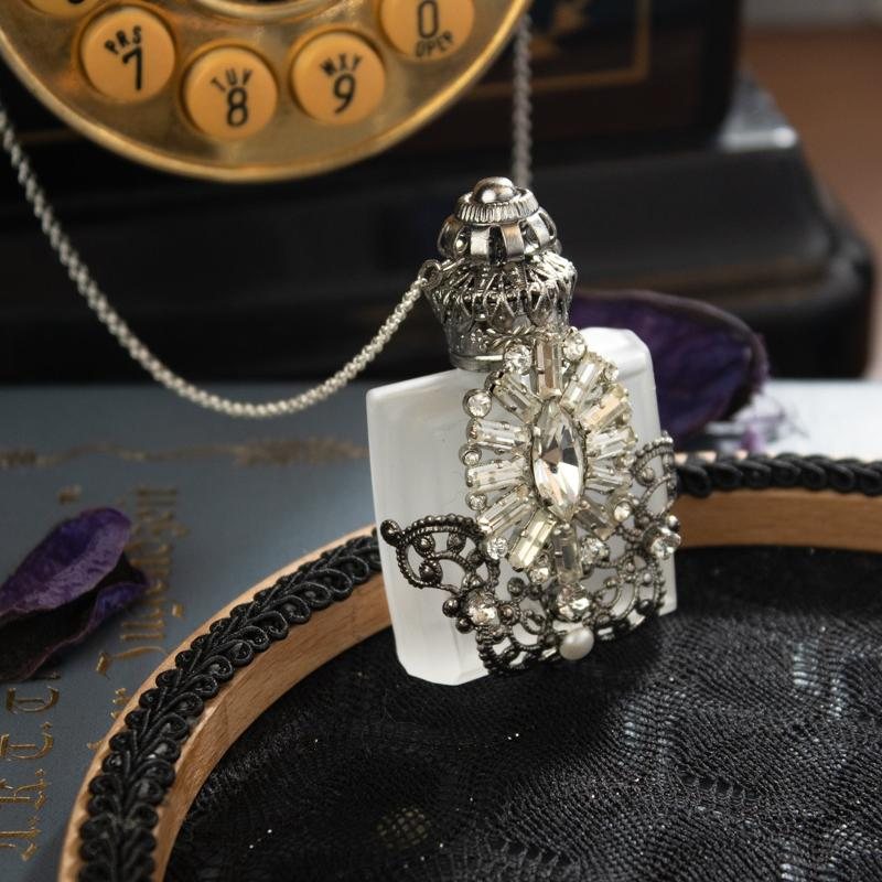 Vintage Elegant Art Nouveau Style White Frosted Purse Perfume Bottle/Necklace - Recomposed New Old Stock(MW148-5)