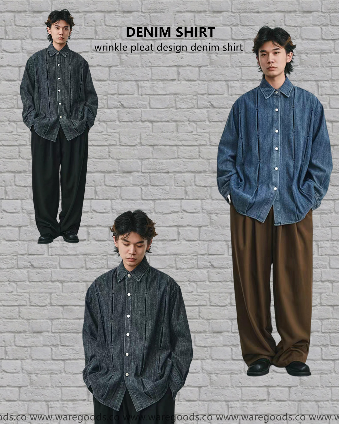 W0315復古打褶設計牛仔恤衫