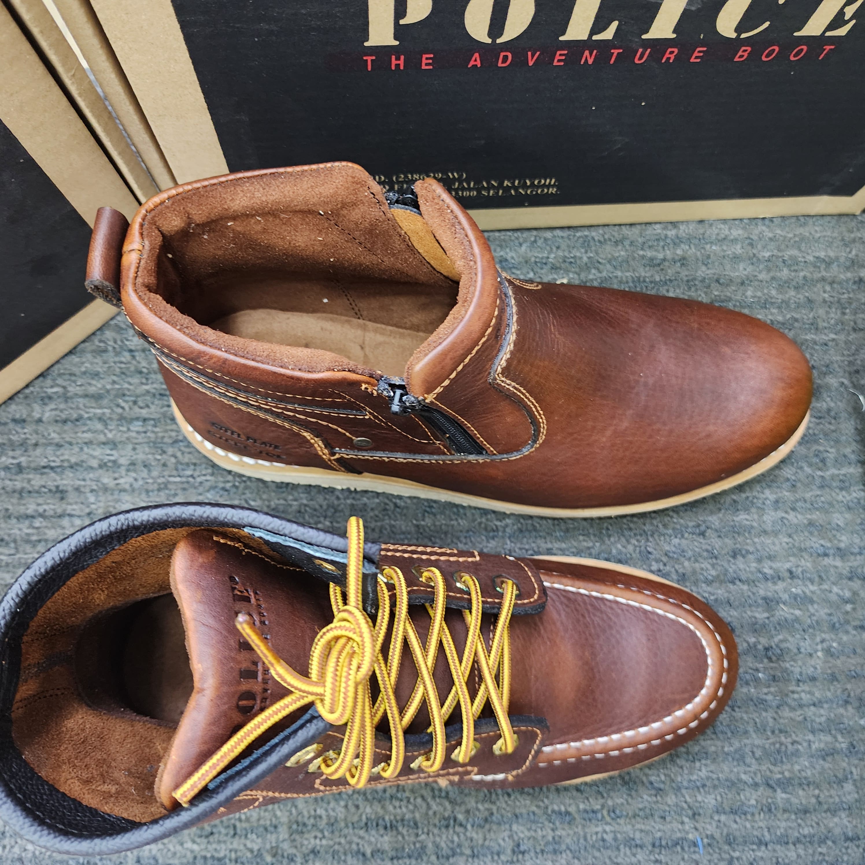 POLICE SAFETY 93597 Zip 93603 Lace Up Mid Cut Leather Safety Shoes Brown Kasut Keselamatan