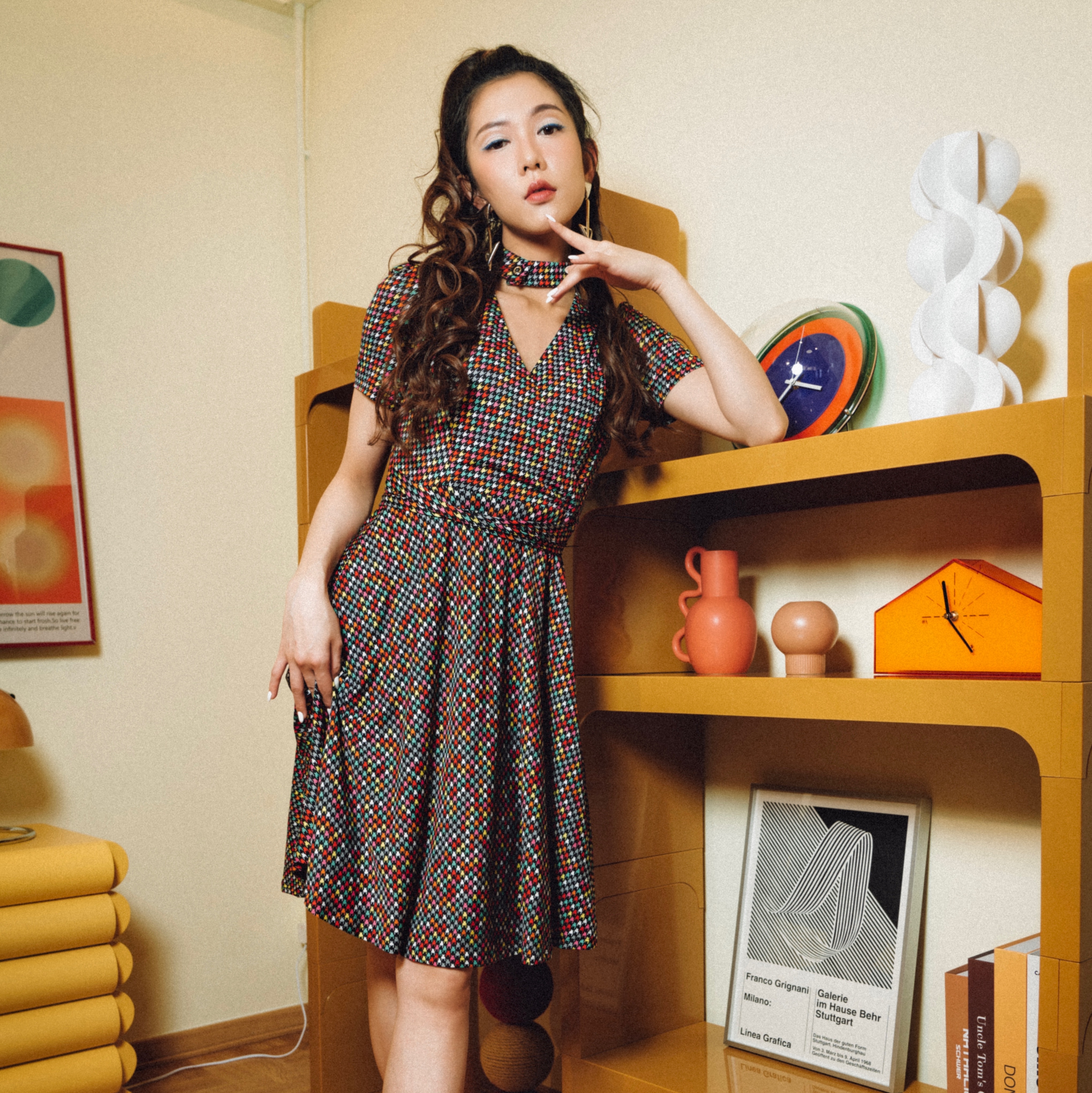 (Ready-Made) 1970s Style Disco and Choker Collar Skater Dress (FM169)
