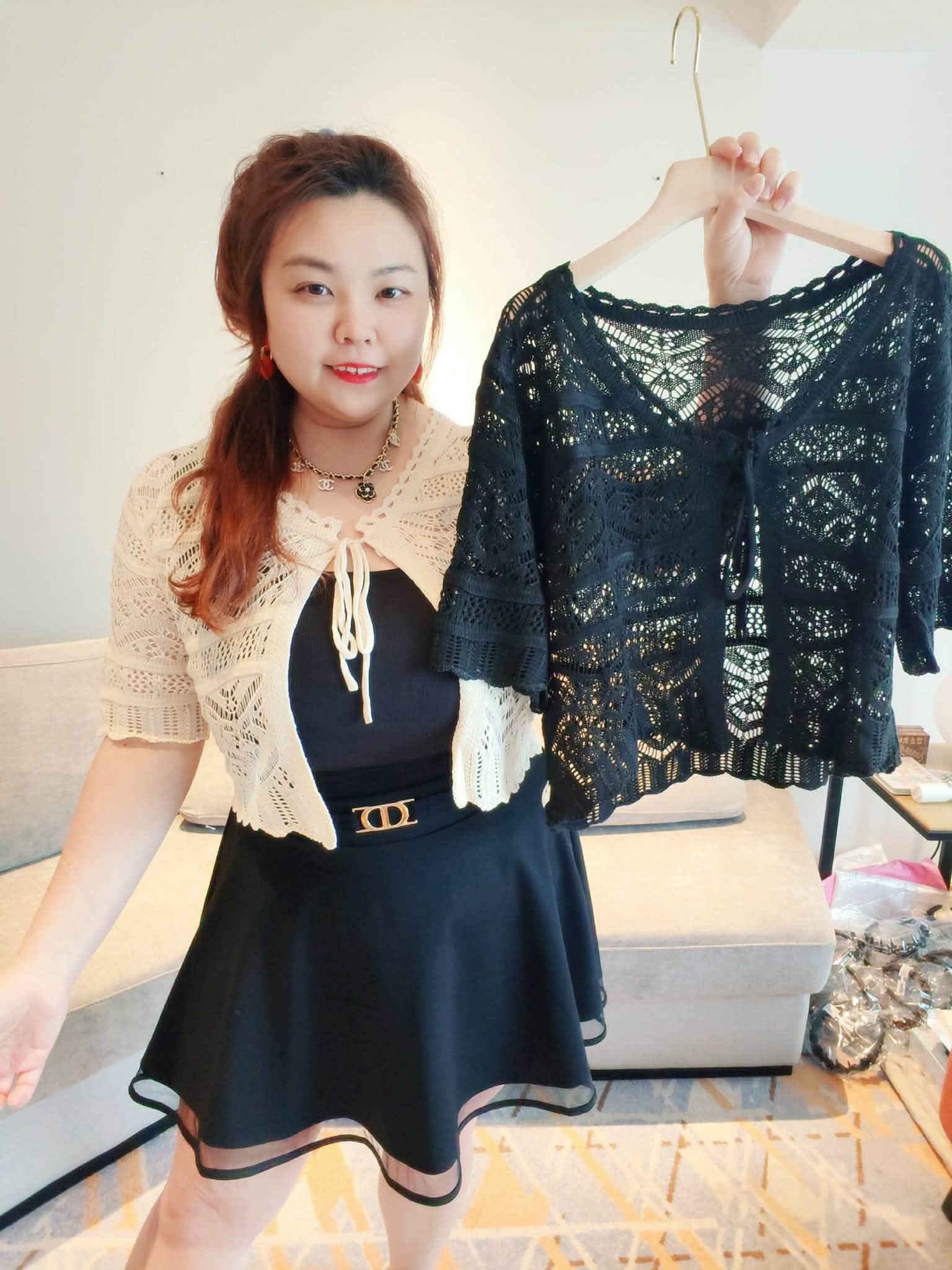 YPC02 4421 中袖蕾丝针织钩花外套