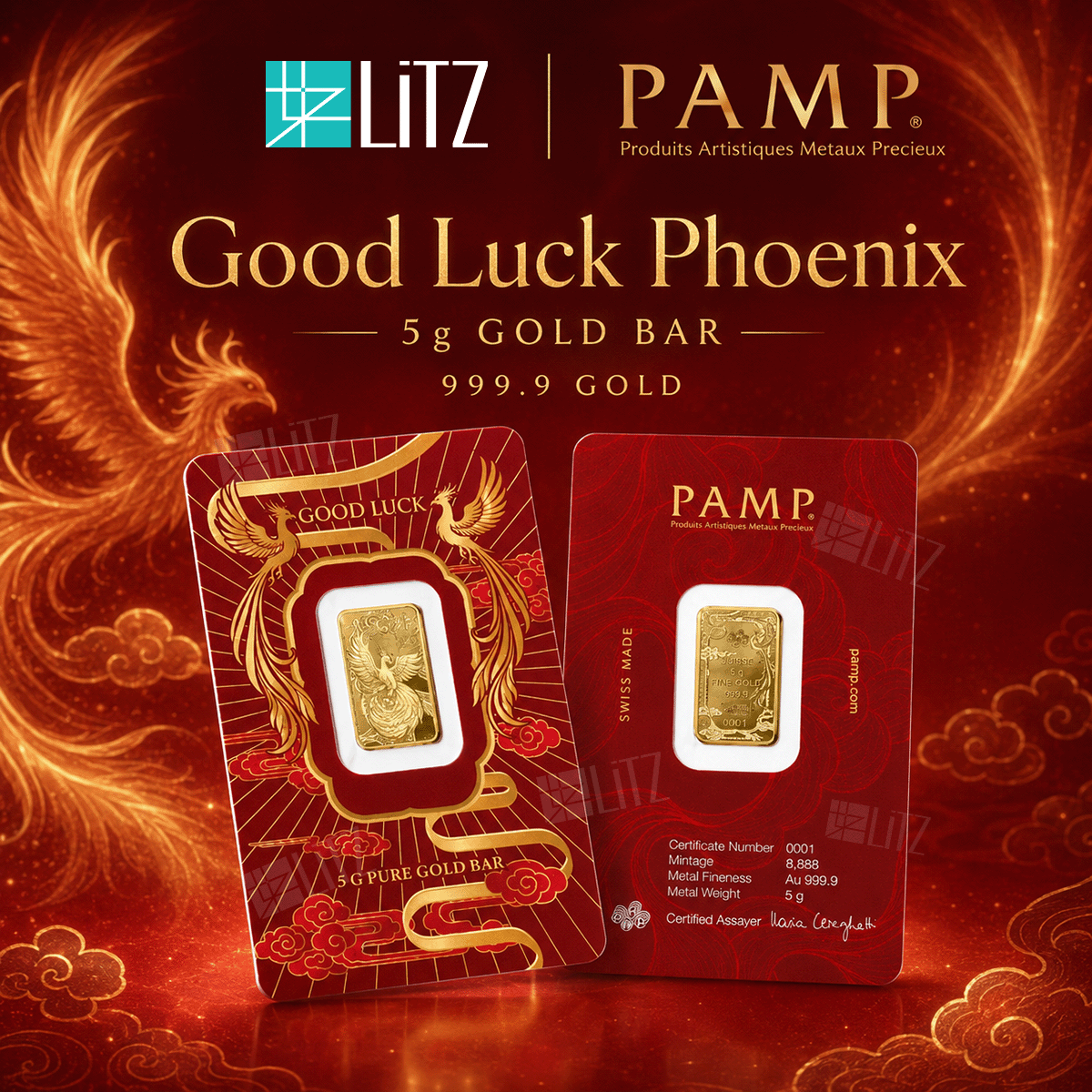 [5 gram] LITZ PAMP Suisse Good Luck Phoenix Limited Edition Gold Bar (999.9) PG078